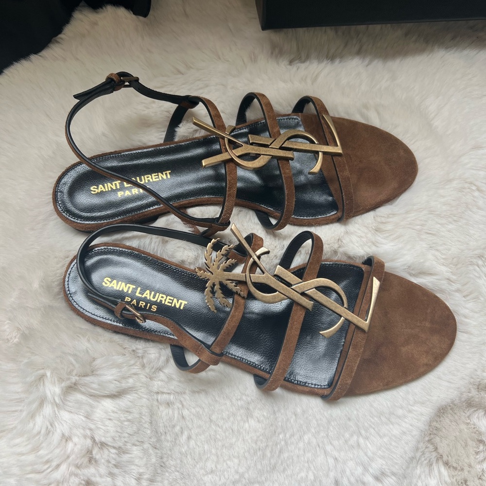 New Saint Laurent Cassandra Suede YSL logo Palm tree Sandals Brown Sandals - Picture 9 of 13